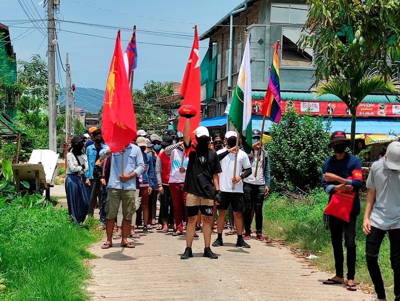 Demonstrators march to protest against the military coup, in Dawei