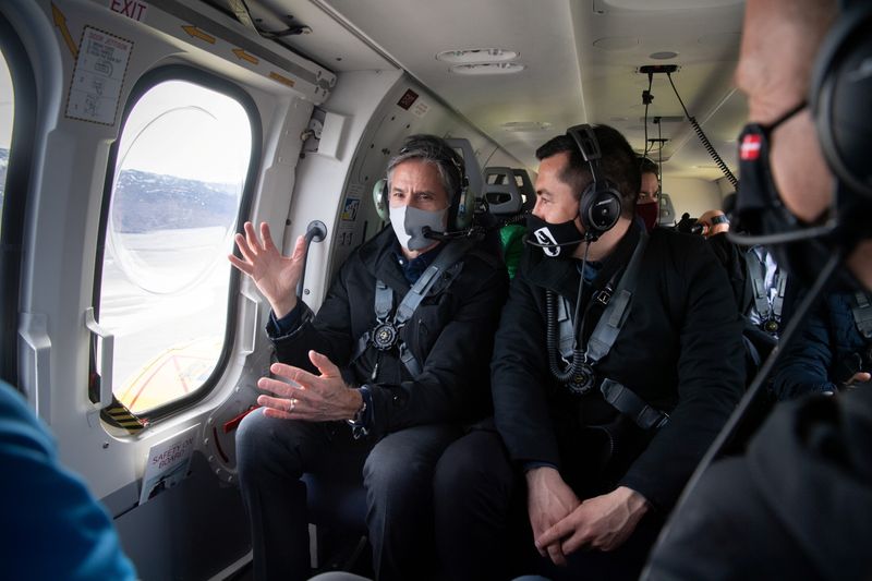 US Secretary of State Antony Blinken flies in a helicopter