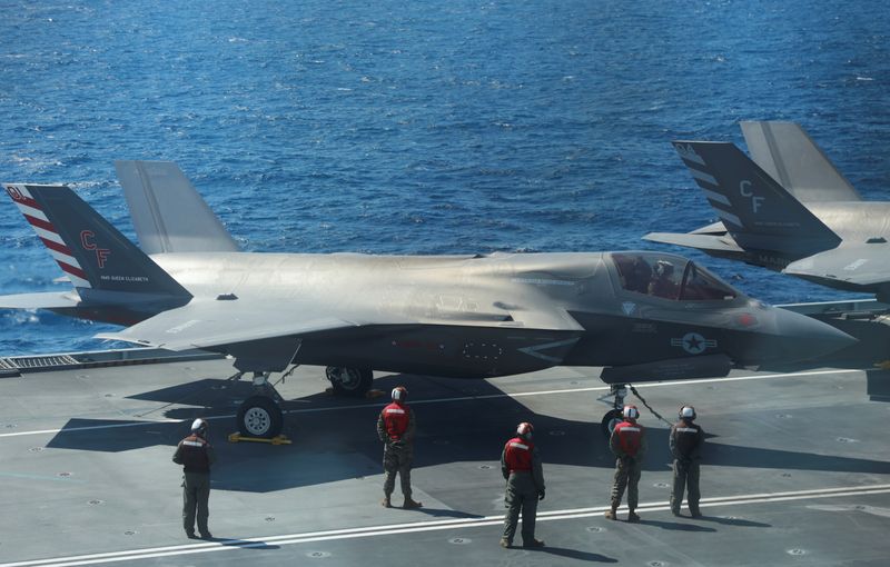 F-35B Lightning II aircrafts are seen on the deck of