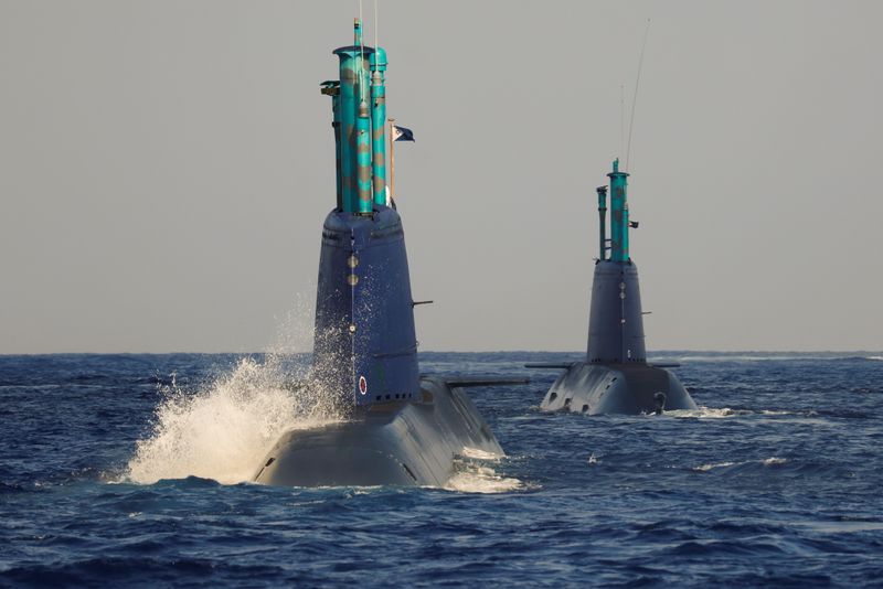Leviathan and a second Israeli navy submarine are seen during