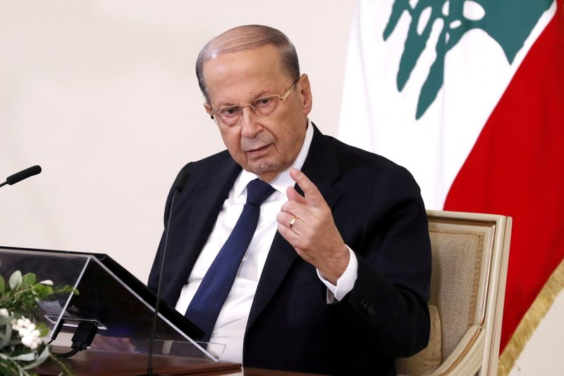 FILE PHOTO: Lebanon’s President Michel Aoun speaks during a news