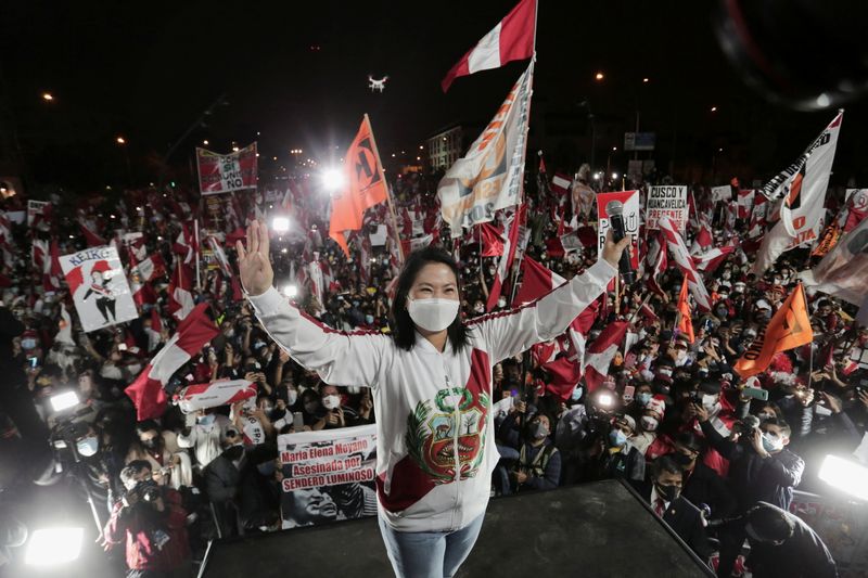 Peru’s presidential candidate Keiko Fujimori addresses supporters, in Lima
