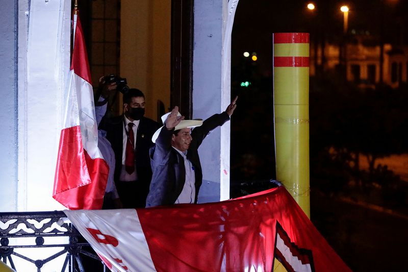 FILE PHOTO: Peru’s presidential candidate Pedro Castillo addresses supporters in