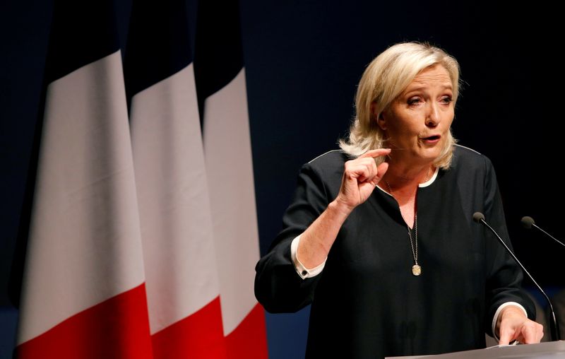 FILE PHOTO: France’s far-right leader Marine Le Pen delivers a