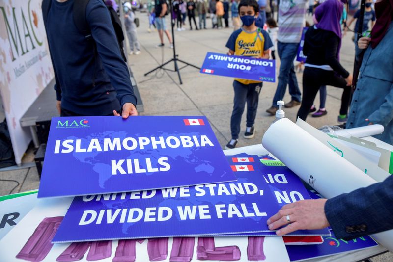 FILE PHOTO: People attend a rally to highlight Islamophobia in