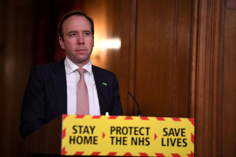 Britain’s Health Secretary Matt Hancock holds a press briefing at