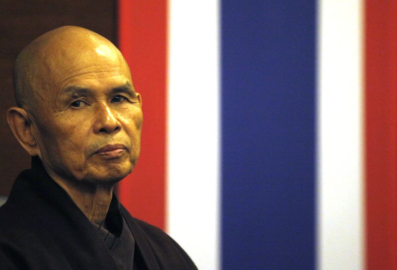 French-based Buddhist zen master Thich Nhat Hanh gestures during his
