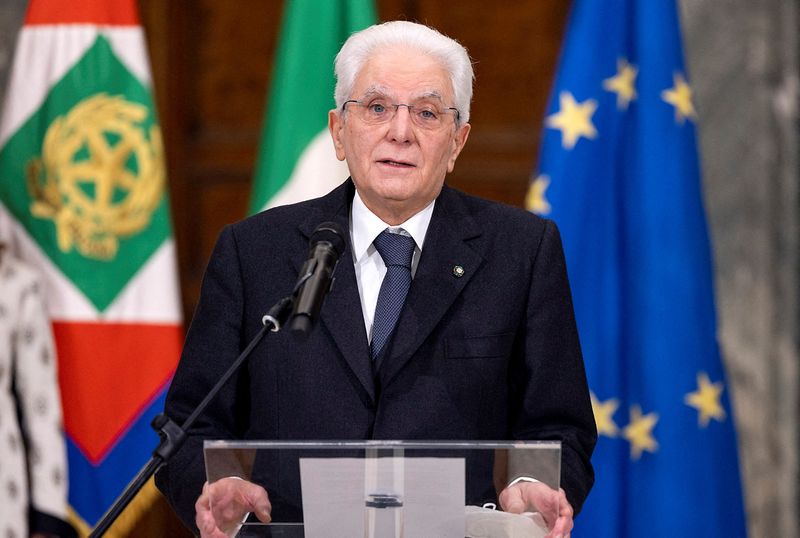 Italian President Sergio Mattarella gives a speech after being re-elected
