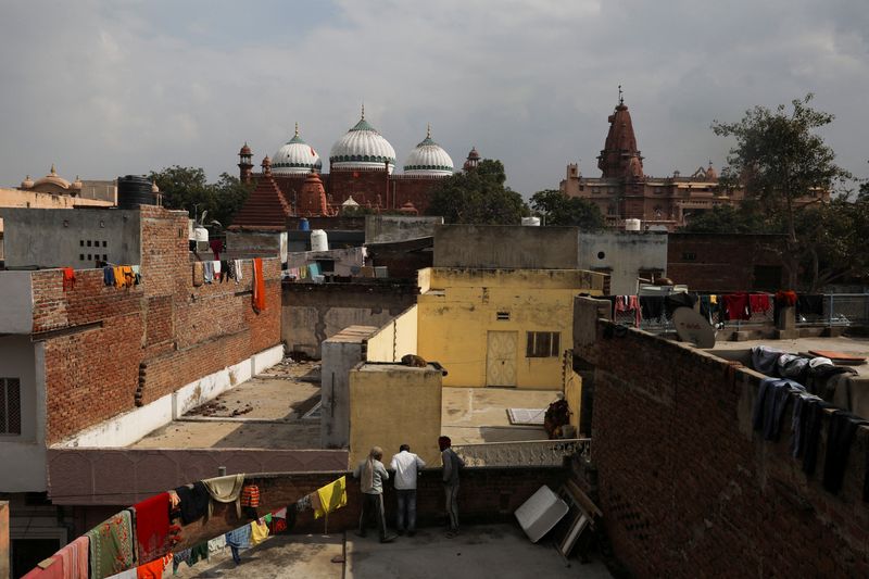 The Shahi Eidgah mosque and the Hindu temple are seen