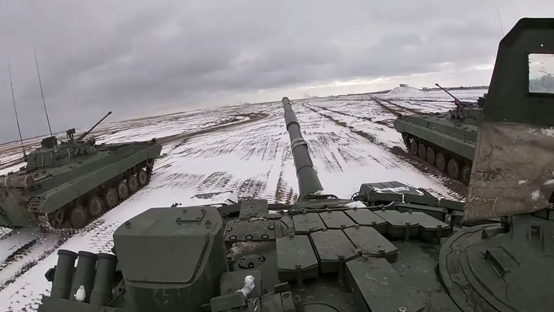 Tanks ride during joint exercises of the armed forces of