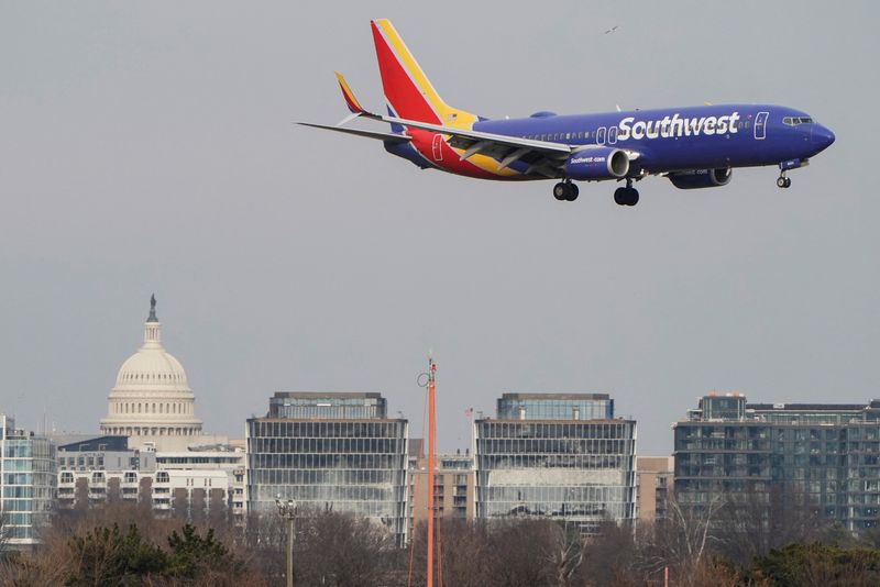 A Southwest Airlines aircraft lands at Reagan National Airport in