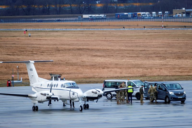 A U.S. Air Force plane lands at Rzeszow-Jasionka Airport near