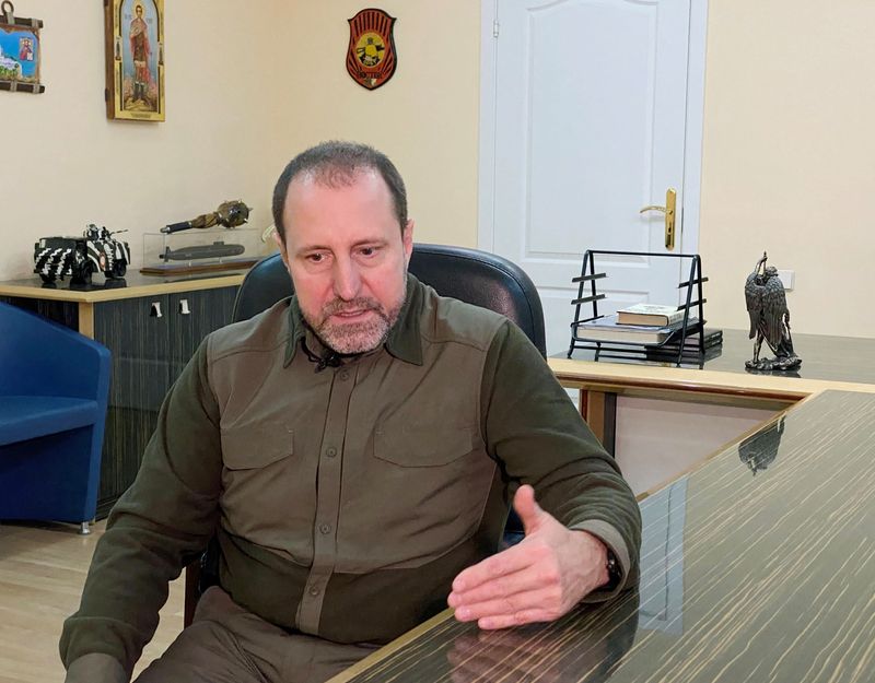 Commander of the Vostok brigade Alexander Khodakovsky attends an interview