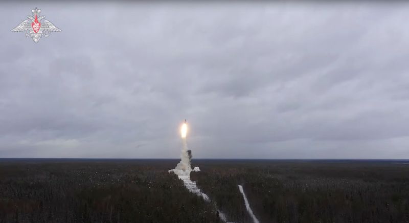 A Russian Yars intercontinental ballistic missile is launched during the