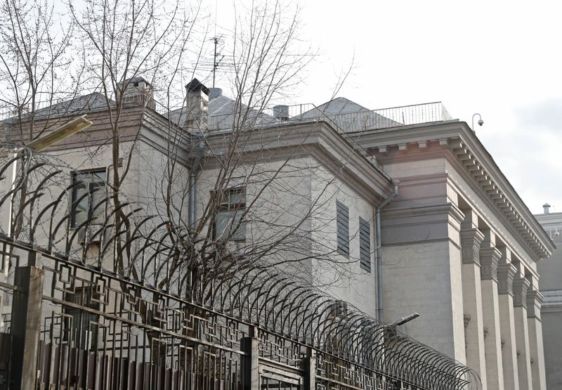 A view shows the Russian embassy building in Kyiv