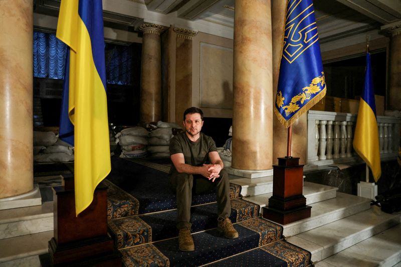 FILE PHOTO: Ukrainian President Volodymyr Zelenskiy poses after an interview