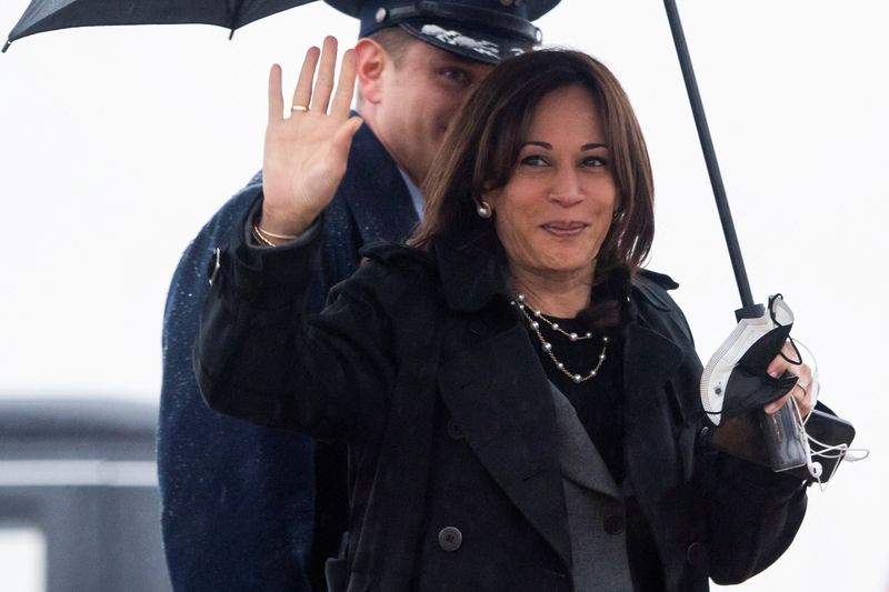 U.S. Vice President Kamala Harris arrives to board the Air