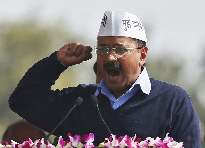 FILE PHOTO: Kejriwal, chief of AAP, addresses his supporters after