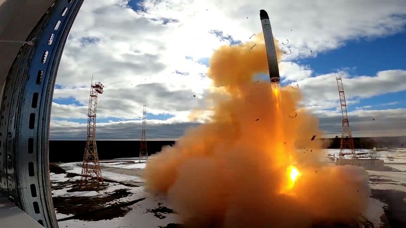 FILE PHOTO: A Sarmat intercontinental ballistic missile is test-launched in