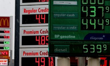 FILE PHOTO: Gasoline prices are displayed at gas stations in