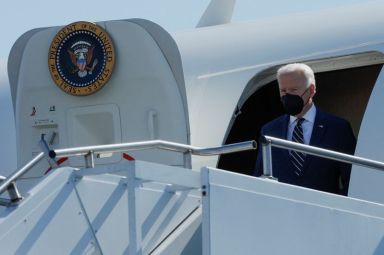 FILE PHOTO: U.S. President Joe Biden arrives aboard Air Force
