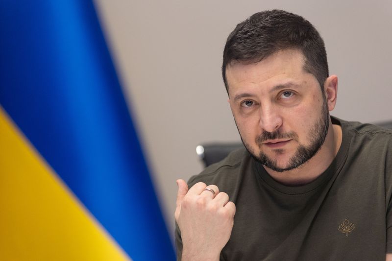 Ukraine’s President Zelenskiy attends an interview with some of the