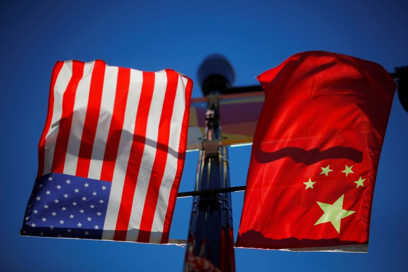 The flags of the United States and China fly in