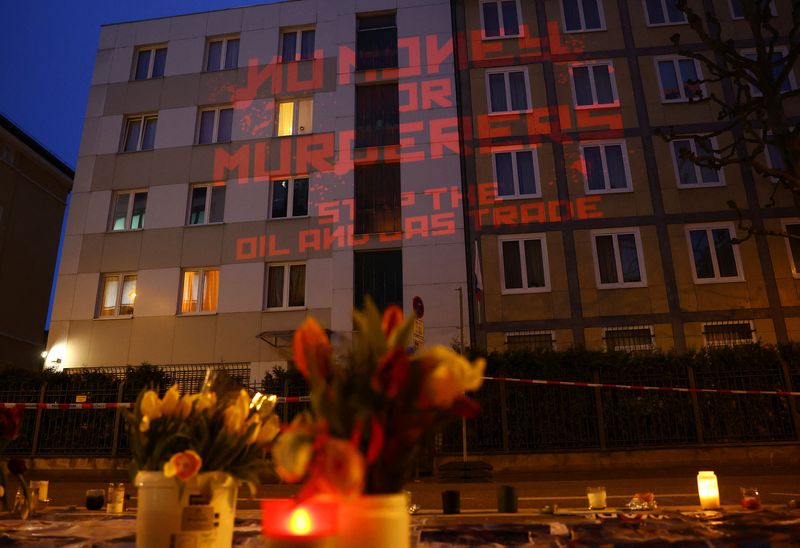 Pictures from Ukrainian village of Bucha are projected on the