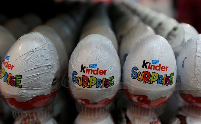 Kinder chocolate eggs are seen on display in a supermarket