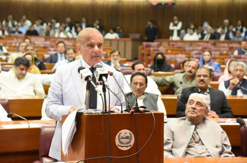 Pakistan’s prime minister-elect Shehbaz Sharif speaks after winning a parliamentary