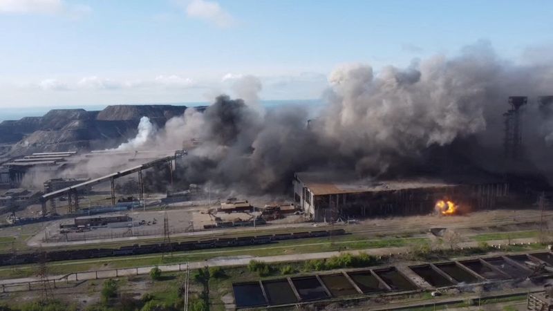An aerial view shows shelling in the Azovstal steel plant