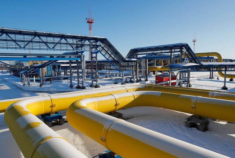 Gas pipelines are pictured at the Atamanskaya compressor station, facility