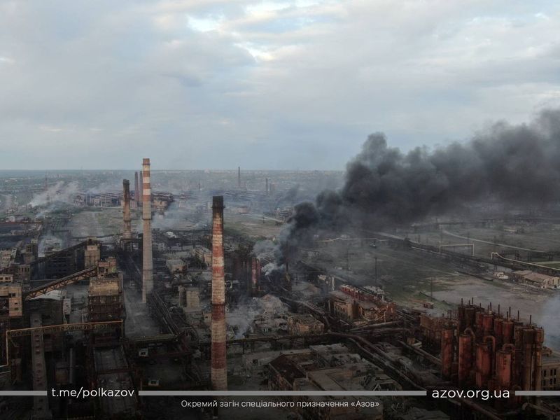A view shows smoke rising at Azovstal Iron and Steel
