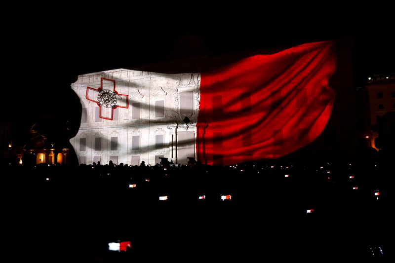 A projection showing the Maltese flag by digital artist Duane