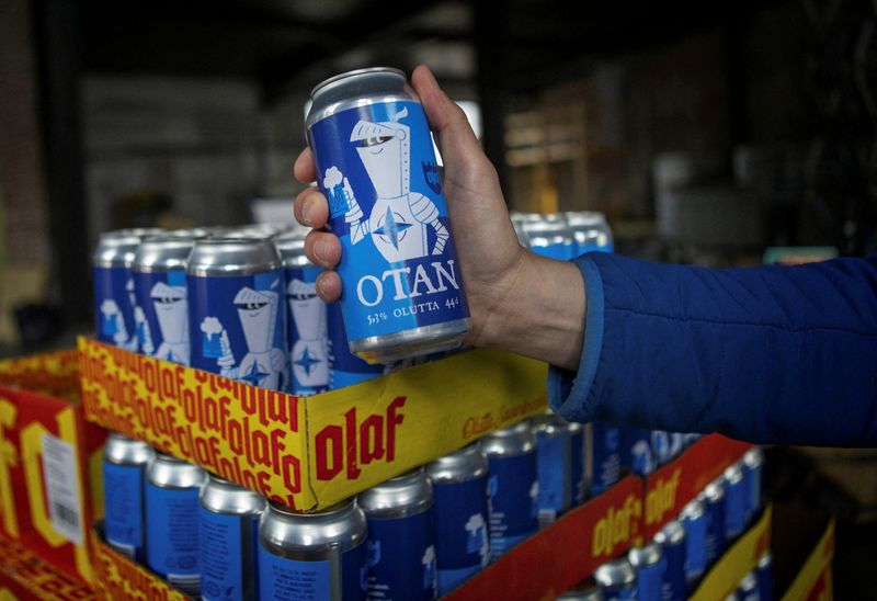 FILE PHOTO: Nato-branded OTAN beer cans by Olaf Brewing Company