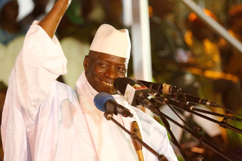 Gambia’s President Jammeh smiles during a rally in Banjul