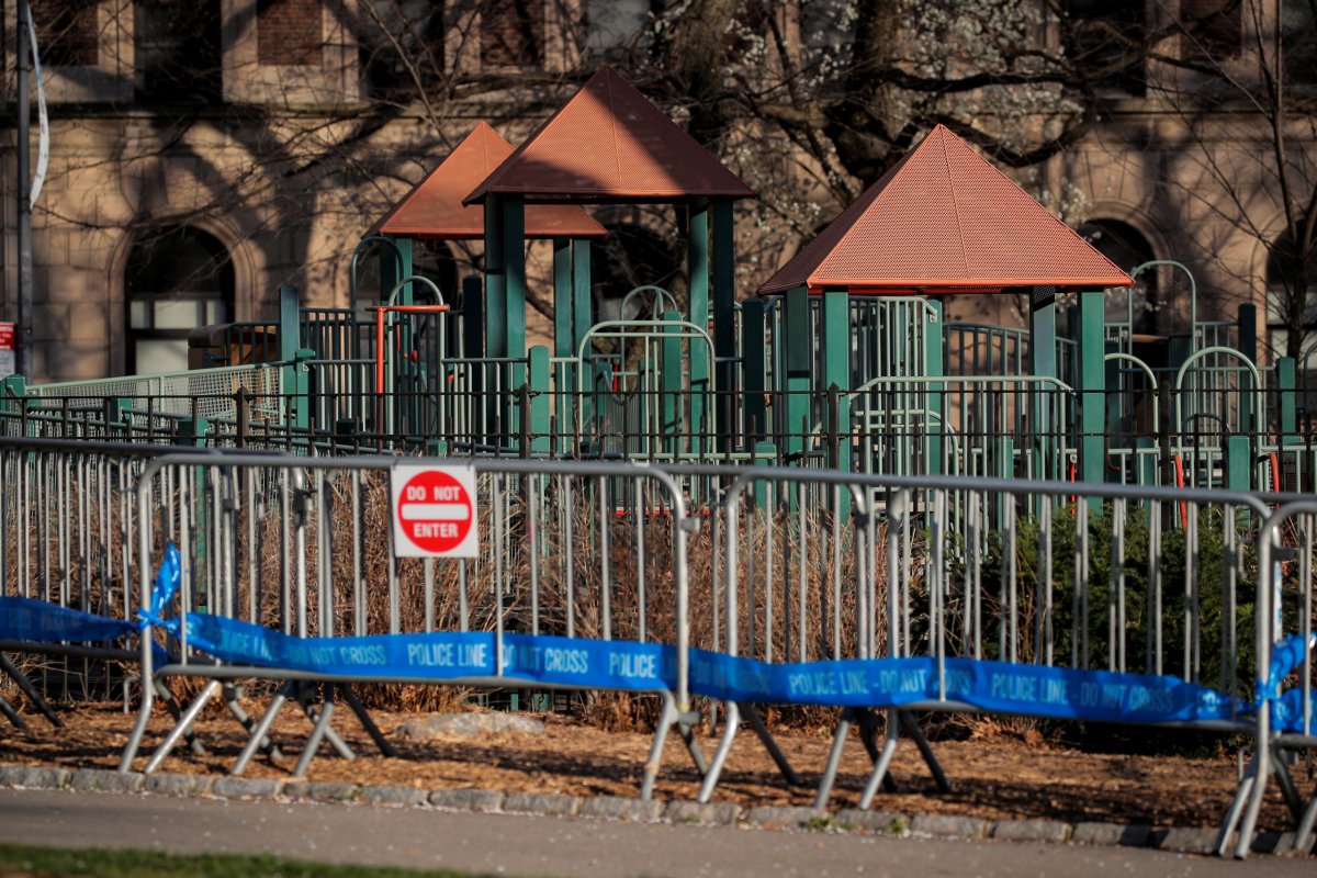 A barricade is placed around a playground in Central Park,