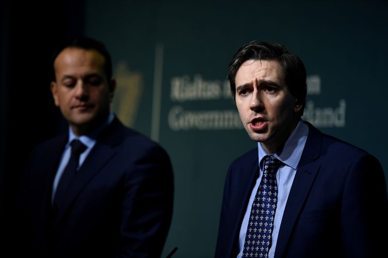 FILE PHOTO: Health Minister Harris speaks on stage after Taoiseach