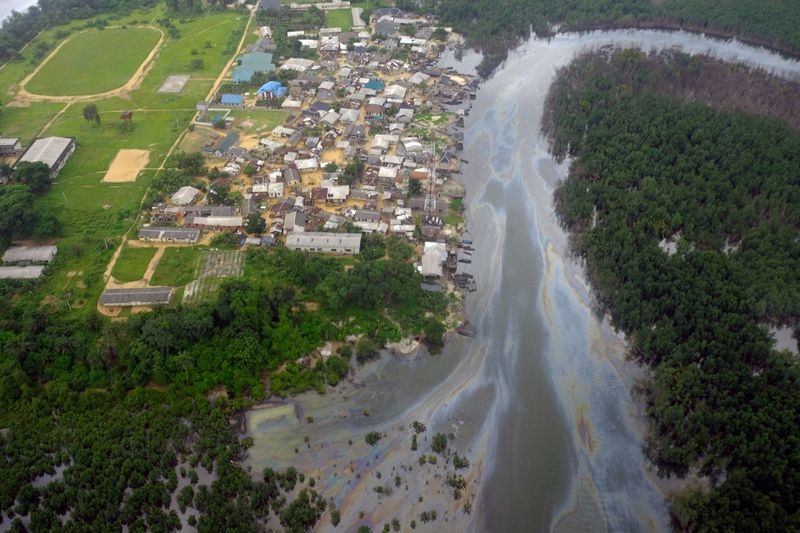 FILE PHOTO: An aerial view shows oil-slicked waterways in the