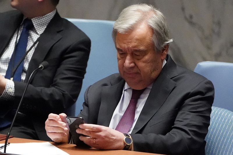 FILE PHOTO: Secretary General of UN Guterres looks at his
