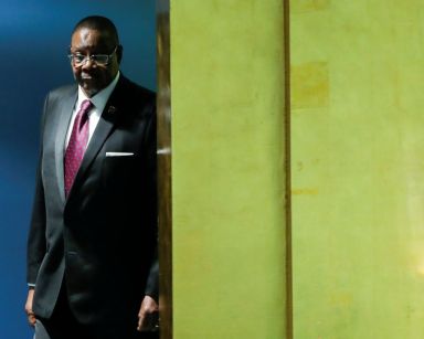 Malawi’s President Arthur Peter Mutharika arrives to  address the