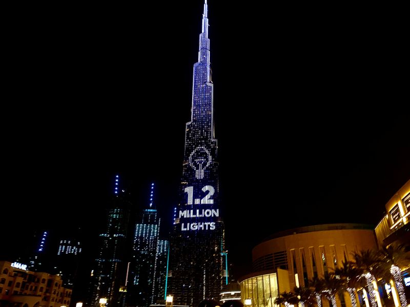 Dubai’s Burj Khalifa, the world’s tallest building, lit its 1.2