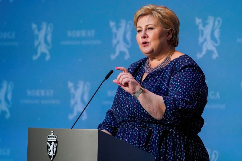 Norway’s Prime Minister Erna Solberg speaks during a news conference