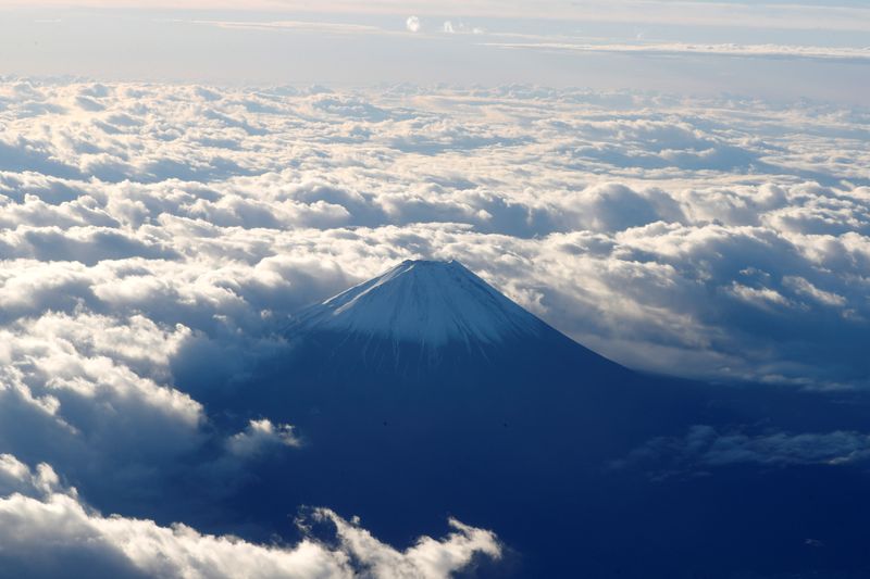Mount Fuji is seen from a plane in Japan