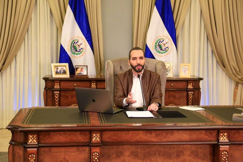 El Salvador’s President Nayib Bukele speaks during a televised broadcast