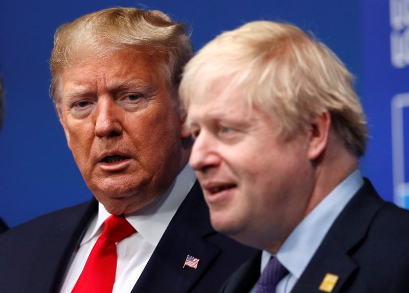 Britain’s Prime Minister Boris Johnson welcomes U.S. President Donald Trump