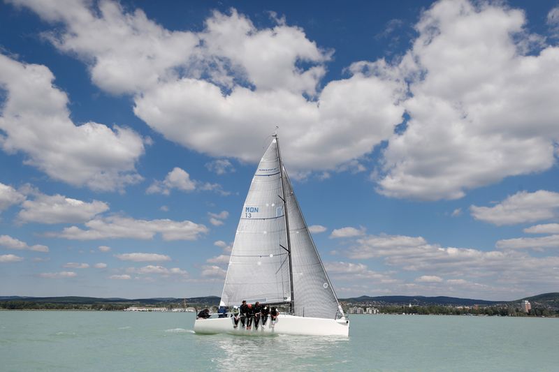 Members of a sailing race team practice on Lake Balaton,