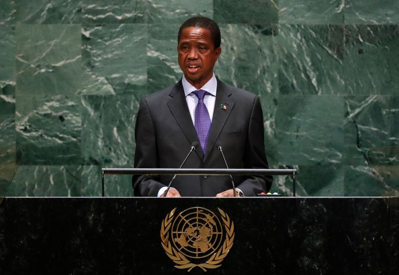 FILE PHOTO:  Zambia’s President Edgar Chagwa Lungu addresses the