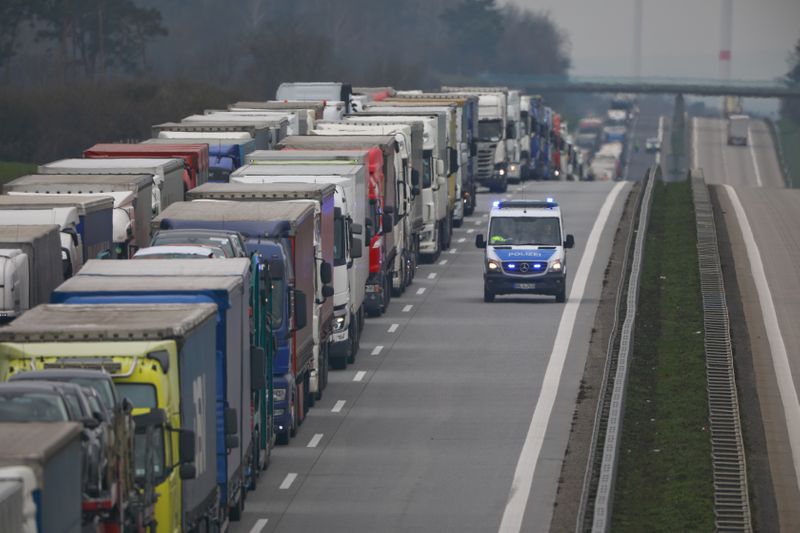 FILE PHOTO: A lorry traffic jam is seen near the