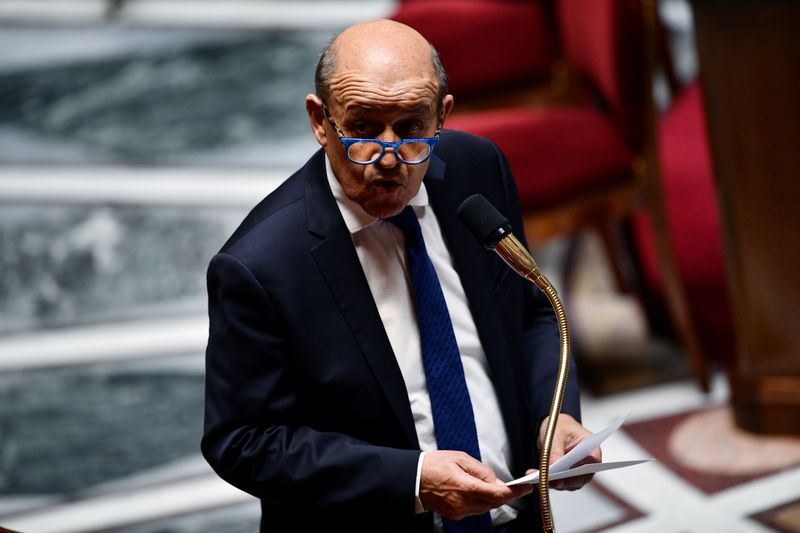 French Foreign Affairs Minister Jean-Yves Le Drian speaks during a